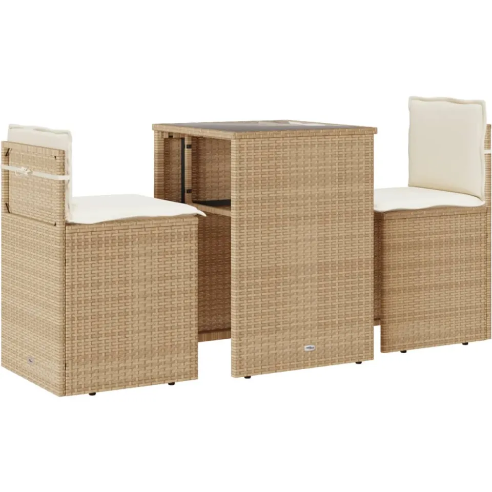 vidaXL 3-delige Bistroset met kussens poly rattan beige, foto 3