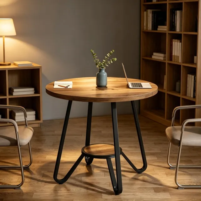 DESMIU Ronde Tafel - Met Onderste Legplank en Verstelbare Voetjes - Voor Eten en Overleg - Hout en Metaal - 80 x 80 x 75 cm - Bruin en Zwart Zwart en bruin