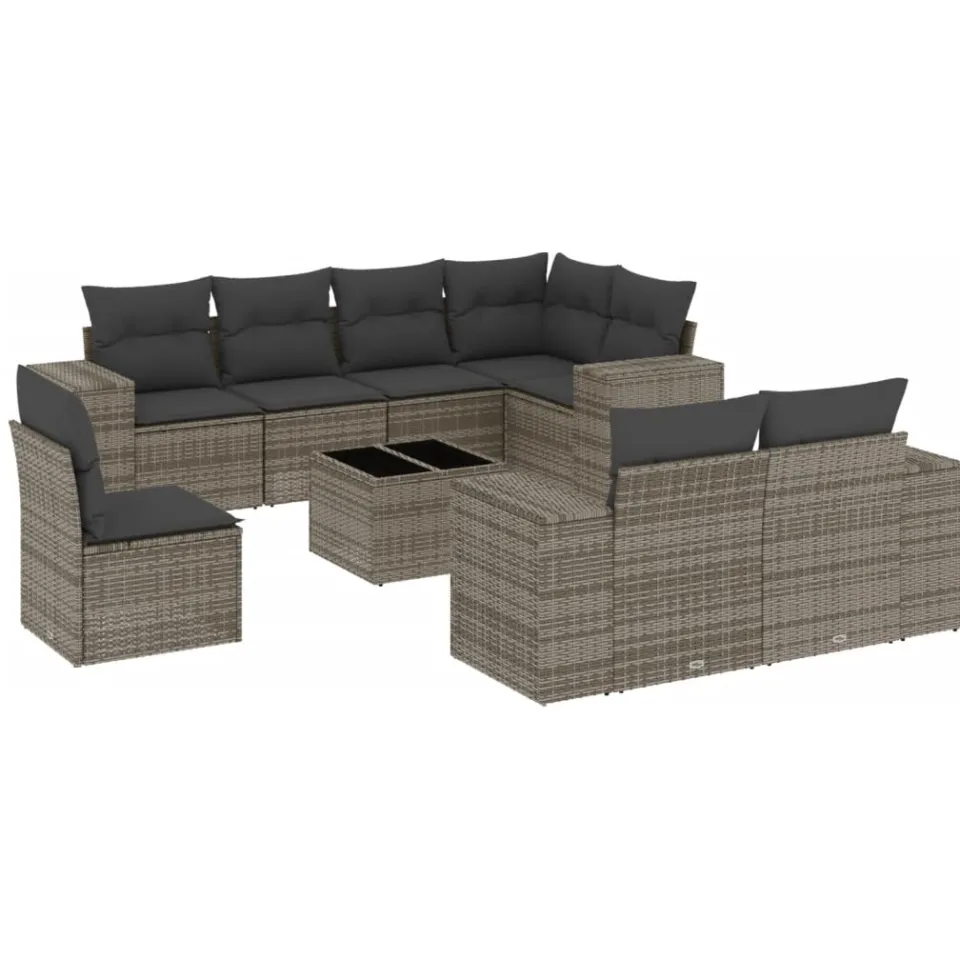 vidaXL 9-delige Loungeset met kussens poly rattan grijs, foto 3