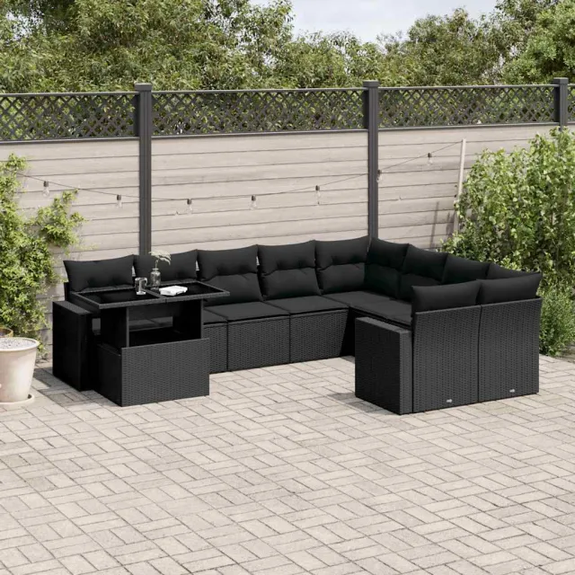 vidaXL 10-delige Loungeset met kussens poly rattan zwart, foto 2