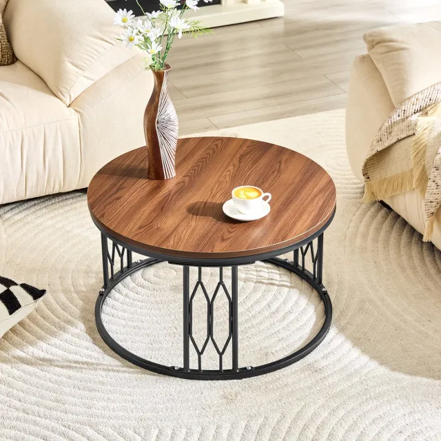 COVREO Salontafel 70x70x40,5 cm – walnootkleur, MDF blad en metalen frame Walnut