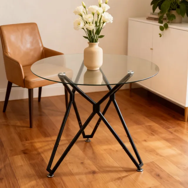 HAUSS SPOLE Ronde Eettafel - Gehard Glazen Blad Met Metalen Poten - Voor Eetkamer Woonkamer Of Kantoor - 90x90x78 Cm - Zwart