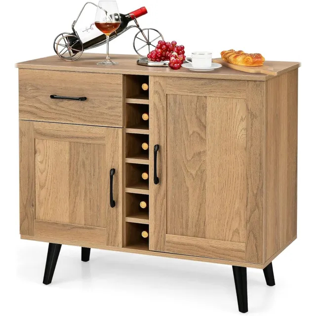 Costway Sideboard, keukenkast met deuren en laden, keukencommode in landelijke stijl met wijnrek voor 6 flessen, buffetkast, wijnkast voor keuken, woonkamer, 90 x 40 x 79 cm Naturel