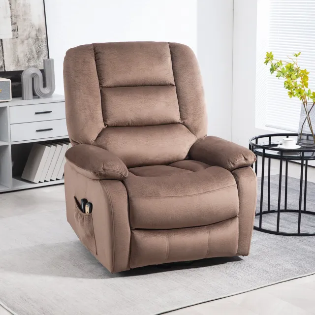 REDOM Relaxfauteuil - Elektrische sta-op functie - Verstelbare rugleuning en voetensteun - Massage- en warmtefunctie - Stof - Bruin - 90 x 93 x 110 cm