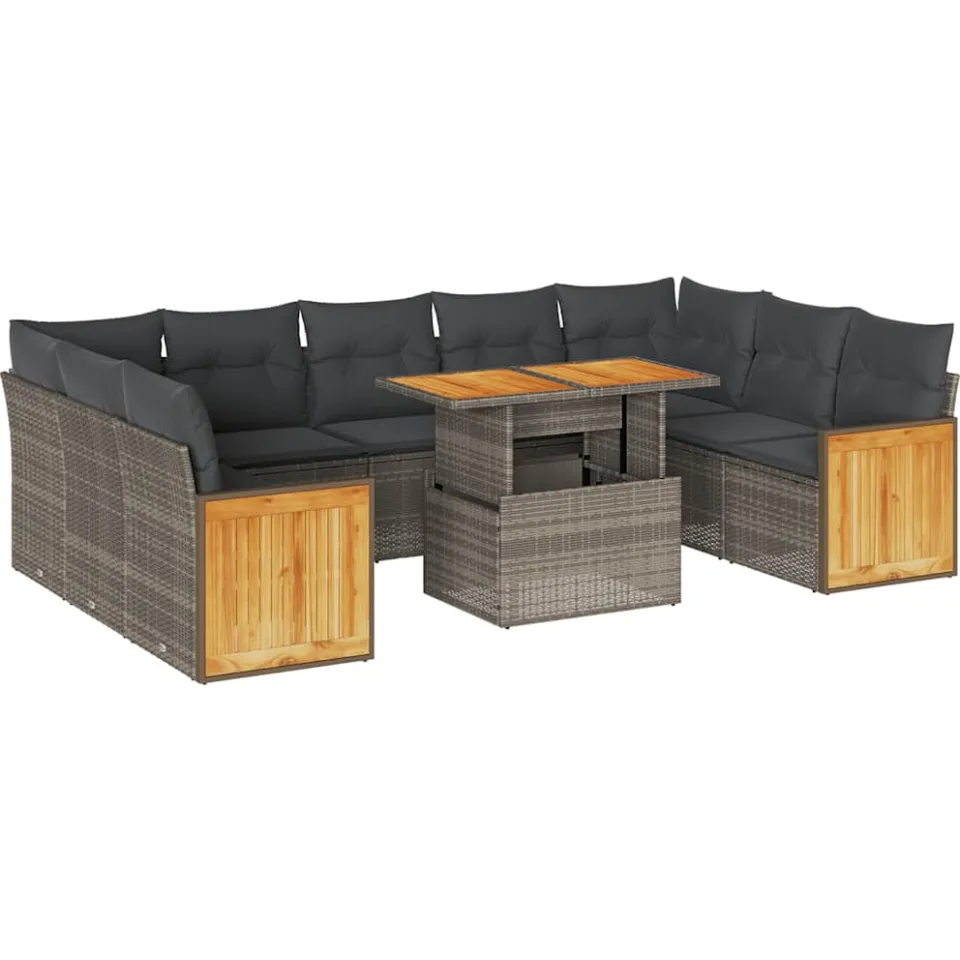 vidaXL 10-delige Loungeset met kussens poly rattan acacia grijs, foto 3