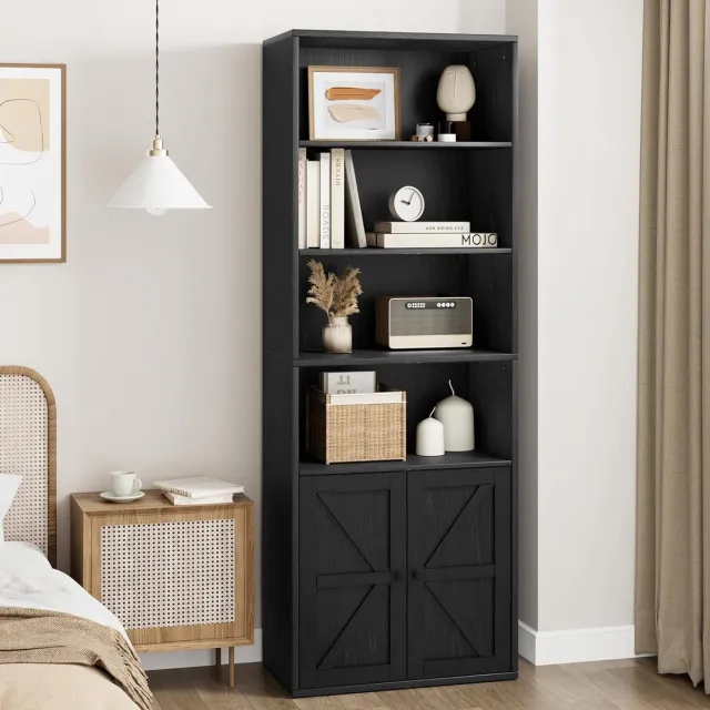 Danky Moderne Boekenkast met 4 Niveaus - Opbergkast met X-Deur - Hout - Zwart- Voor Woonkamer, Slaapkamer & Kantoor