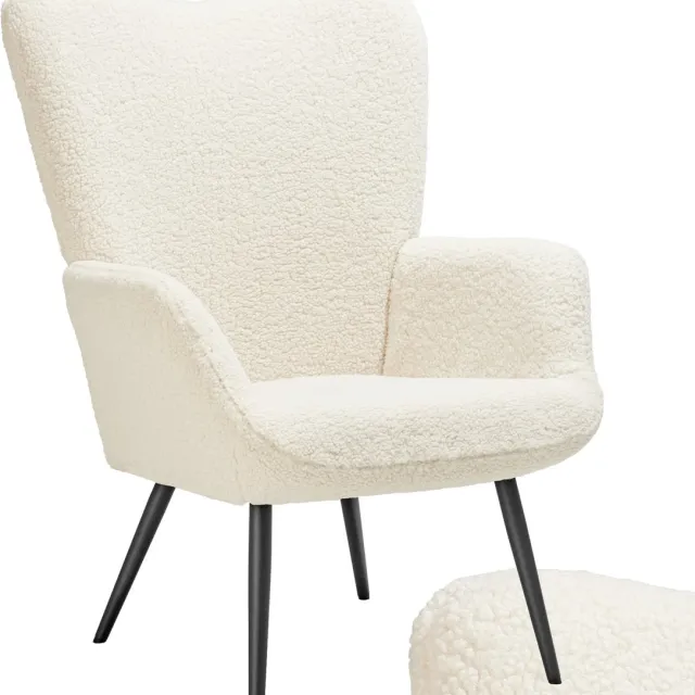 Tectake Oorfauteuil – Scandinavische Teddy Bouclé Fauteuil voor Woonkamer en Slaapkamer – Loungefauteuil met Zwart Metalen Poten – Draagvermogen 150kg – Crème creme zwart