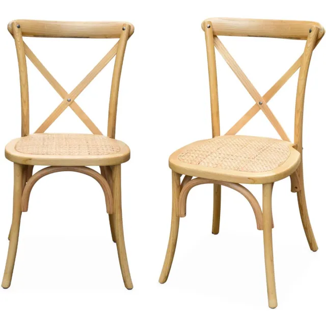 sweeek Set van 2 vintage rubberhouten bistrostoelen, zitting van rotan, stapelbaar - belleville Naturel