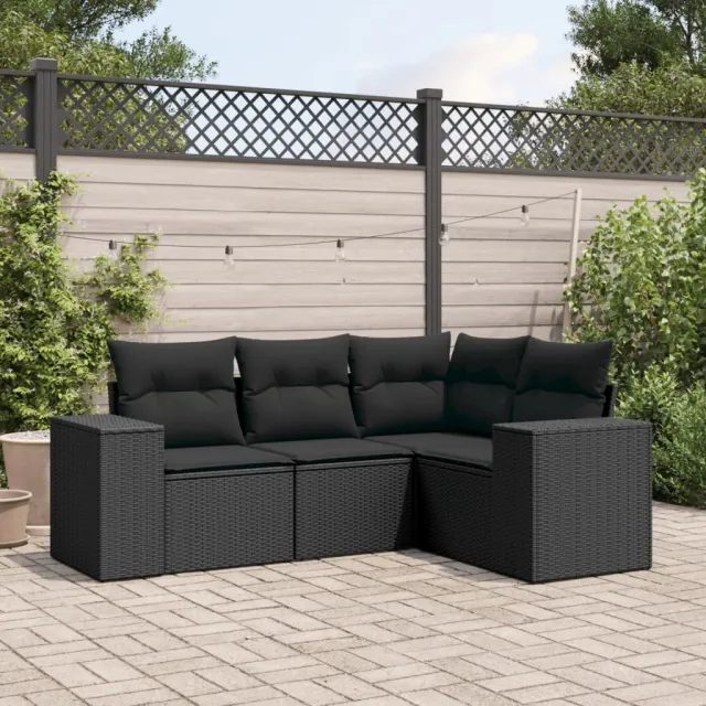 vidaXL 4-delige Loungeset met kussens poly rattan zwart, foto 2