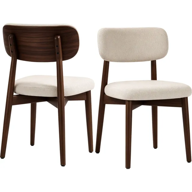 Mihtrov Massief hout eetkamerstoelen - Set van 2 – Gestoffeerde keukenstoelen – Poten van massief hout – Ergonomische gebogen rugleuning – Mid-century modern – Geschikt voor keuken, eetkamer en kaptafel – Beige