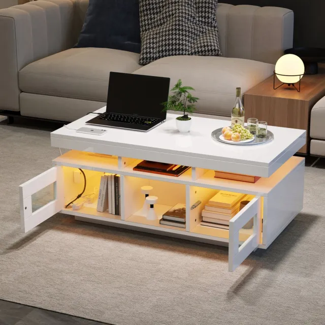 HAUSS SPOLE Salontafel - Hoogglans Met Ledverlichting En Oplaadpunt - Met Opbergruimte Voor Woonkamer Of Werkkamer - Wit - 100x50x43 Cm