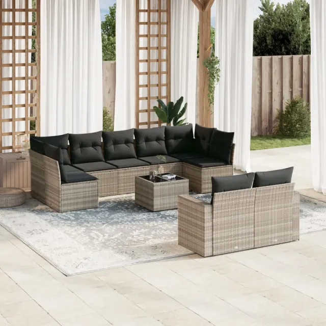 vidaXL 10-delige Loungeset met kussens poly rattan lichtgrijs grijs, foto 2