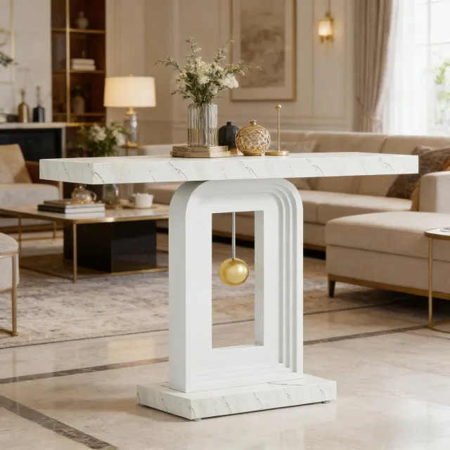 MIVRAY Consoletafel - Smal Minimalistisch Ontwerp Met Geometrische Basis - Voor Hal En Woonkamer - Marmerlook En MDF - Wit