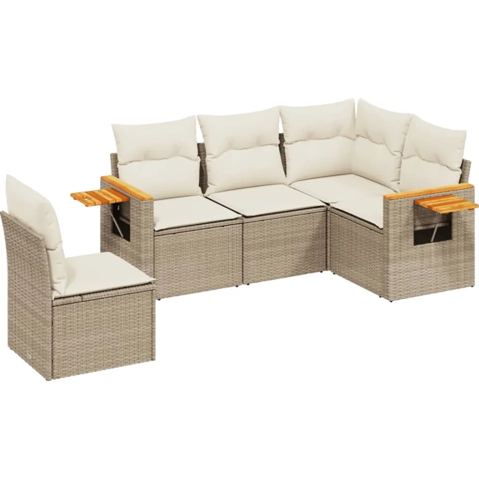 vidaXL 5-delige Loungeset met kussens poly rattan beige, foto 3
