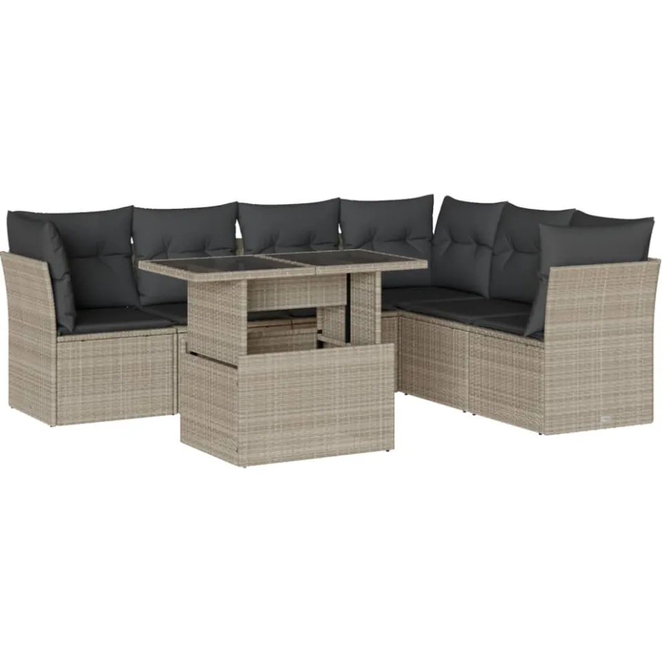 vidaXL 7-delige Loungeset met kussens poly rattan lichtgrijs