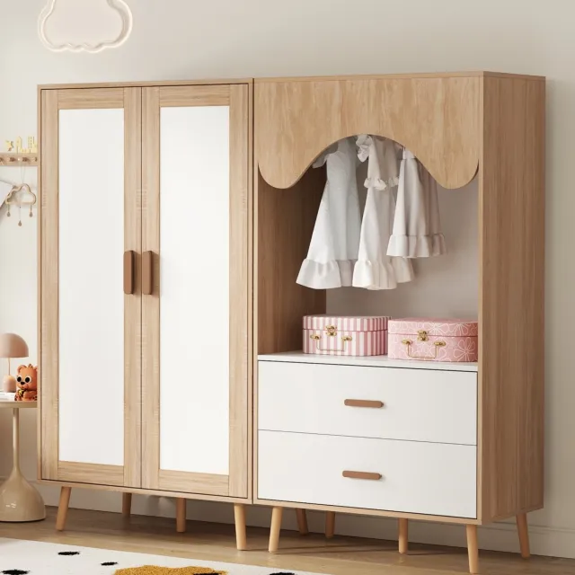REDOM Kinderkledingkastset 160x46x141,5 cm - Tweedelig met kledingstang, planken en 2 lades - Wit/naturel Naturel en wit