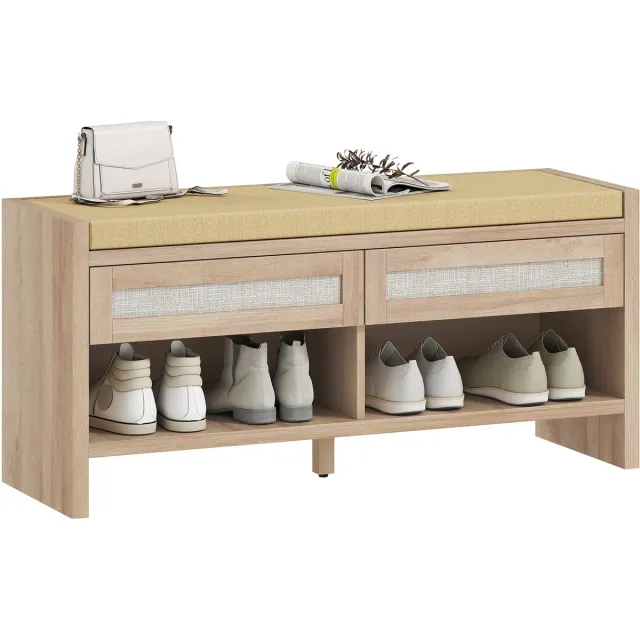Homcom Schoenenbank - MDF, Linnen (100% Polyester) - 108 x 35 x 50 cm - Eiken en Lichtbruin
