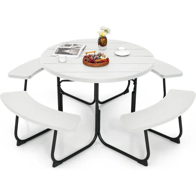 Costway Zitgarnituur voor 8 personen, picknicktafel met parasolgat en 4 banken, ronde tuintafel, tuingarnituur, tuinmeubelen, zitgroep voor tuin, terras (wit)