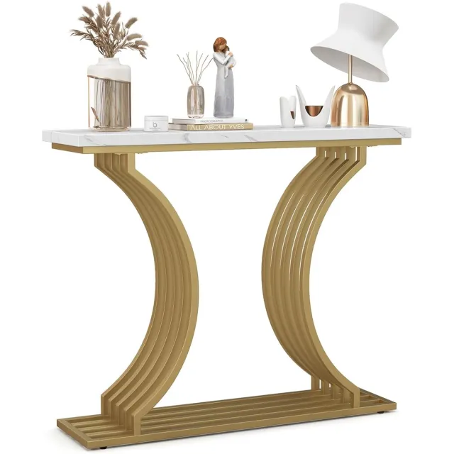 Costway Consoletafel goud, ingangstafel marmerlook met wit tafelblad, smalle haltafel met metalen poten voor woonkamer, entree, hal
