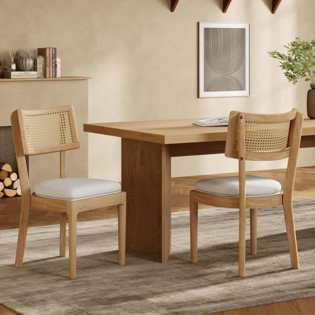 Sweiko Eetkamerstoel - Set van 2 - Rotan rugleuning - Massief houten frame - Velvet zitkussen - Natuurlijke
