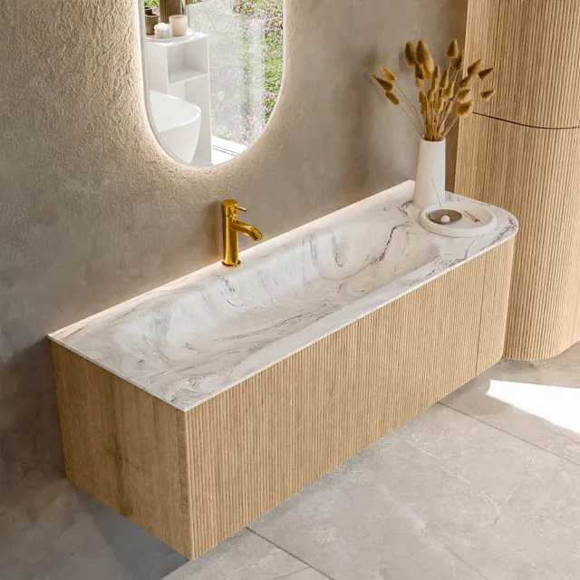 Mondiaz KURVE-DLUX 135 cm Onderkast Greeploos 1 Lade Met Deuren Oak, Wastafel Solid Surface Links Glace 1 Kraangat Zonder Spiegel (KRVBGM135R1L1D1KL-Oak/Gla)