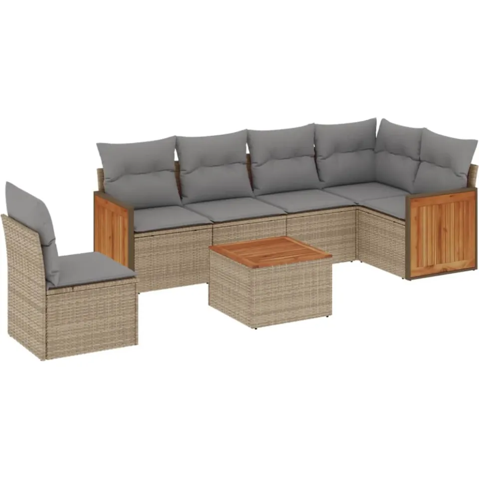 vidaXL 7-delige Loungeset met kussens poly rattan beige, foto 3