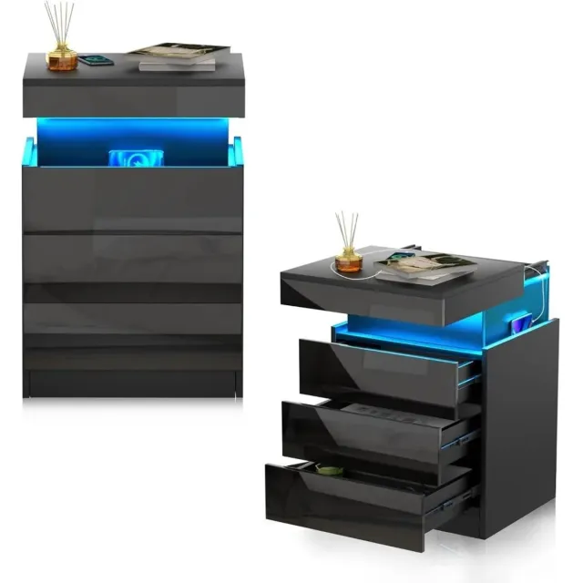 ITRONIQ Nachtkastje Met LED Verlichting - Gaming Nachtkast Met 3 Lades en Draadloos Opladen - RGB Nachtkast - Hoogglans - Zwart