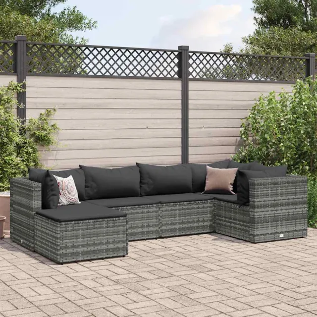vidaXL 6-delige Loungeset met kussens poly rattan grijs, foto 2