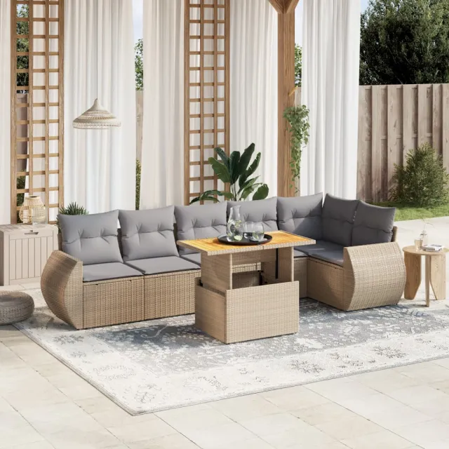 vidaXL 7-delige Loungeset met kussens poly rattan beige, foto 2