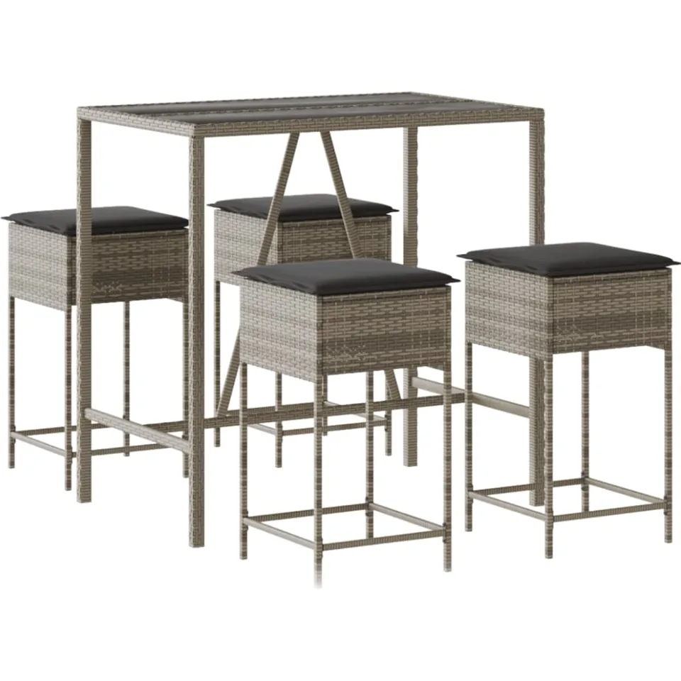 vidaXL 5-delige Tuinbarset met kussens poly rattan grijs