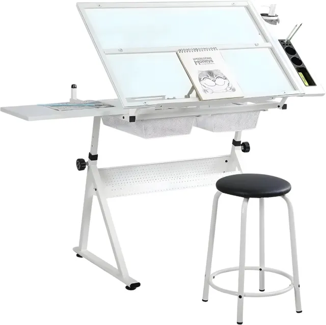 Happiq Glazen Tekentafel Verstelbaar - Tekenbureau voor Studio - Wit