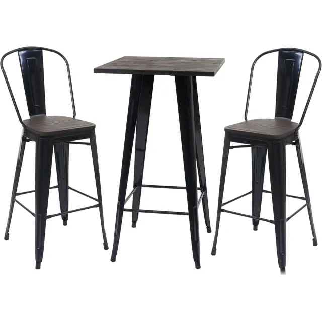 MCW Set bartafel + 2x barkruk MCW-A73 incl. houten tafelblad, barkruk bartafel, metalen industrieel ontwerp, MVG ~ zwart