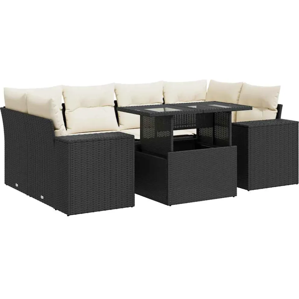 vidaXL 7-delige Loungeset met kussens poly rattan zwart, foto 3