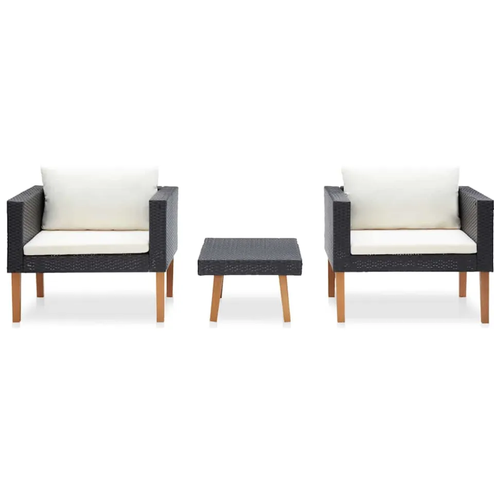 vidaXL 3-delige Loungeset met kussens poly rattan zwart, foto 2