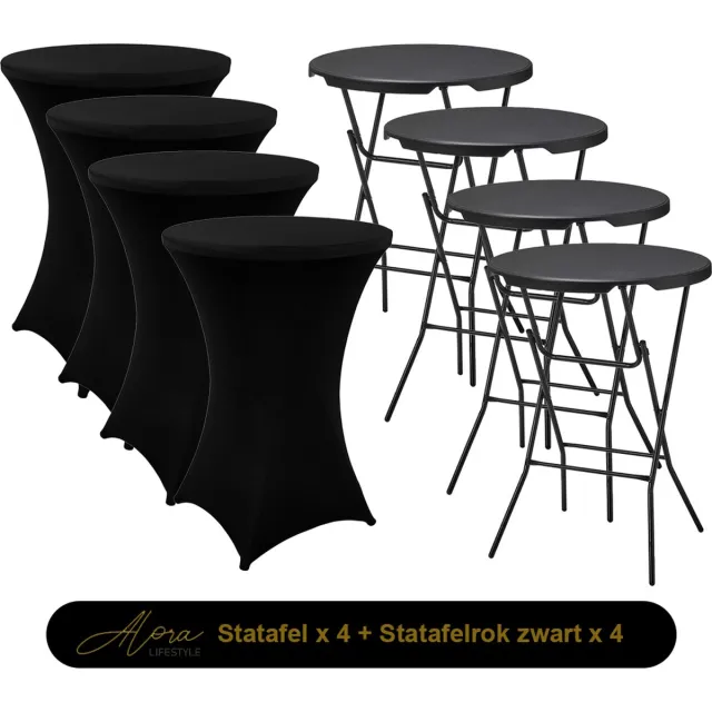 Alora 4x Zwarte Statafel + Zwarte Statafelrok x 4 – ø80 cm x 110 cm hoog - Cocktailtafel - Hoge staan tafel - Breed Blad - Inclusief zwarte Statafelhoes - Staantafelrok Stretch - Bartafel rond - Sta tafel Horeca