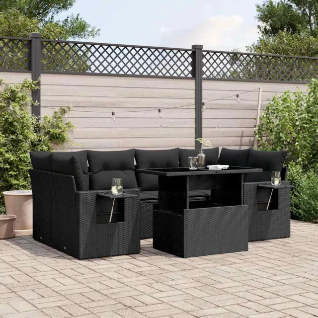 vidaXL 7-delige Loungeset met kussens poly rattan zwart, foto 2
