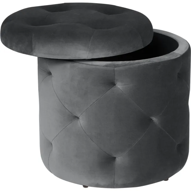 Happyment Luxe Ronde Poef Zizi - Met opbergruimte - Voetenbank met opbergruimte - Opbergbox hocker - Zitkist met deskel - Donkergrijs - Velvet - 39.5 x 39.5 x 40 cm