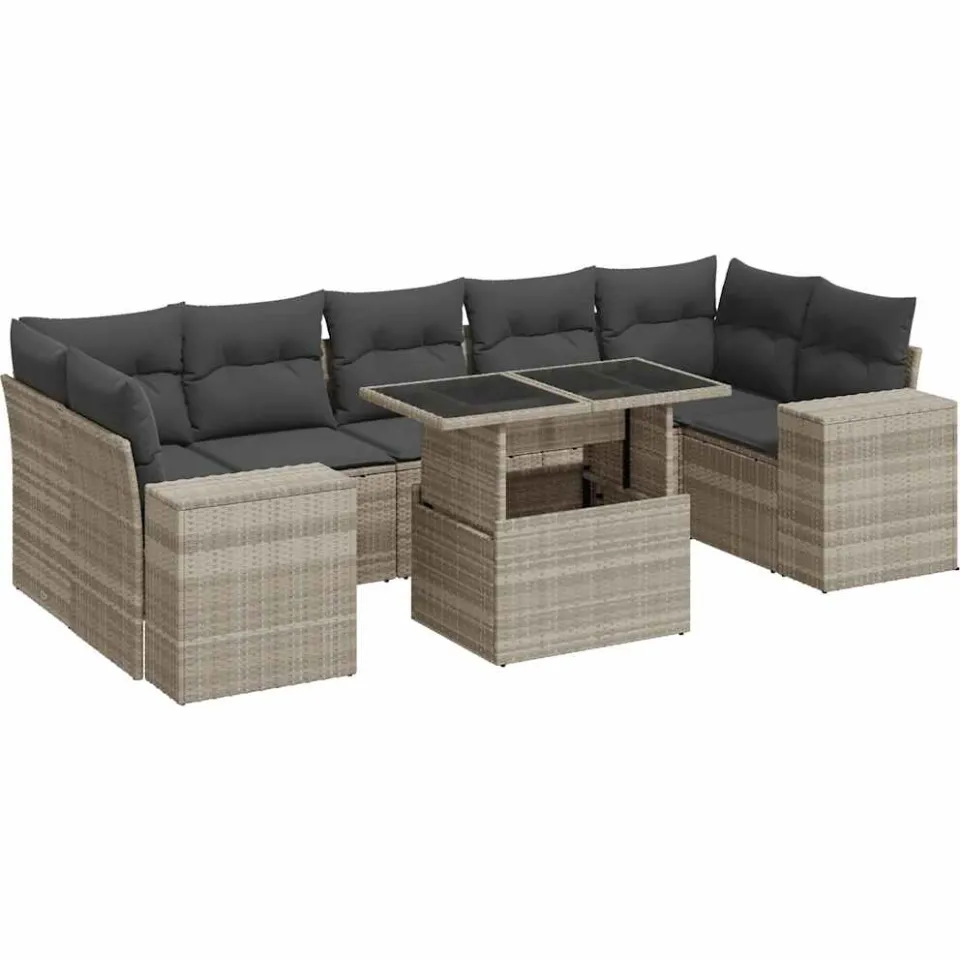 vidaXL 8-delige Loungeset met kussens poly rattan lichtgrijs grijs, foto 3