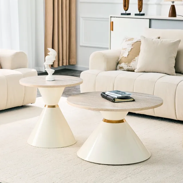 REDOM Salontafel set van 2 - Rond nesting ontwerp - Ruimtebesparend op te bergen - Modern - Woonkamer, slaapkamer, kantoor - Metaal en melamine - Crèmewit, Goud, Houtlook - 70 cm