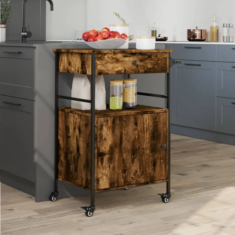 vidaXL Keukentrolley 56x43x89,5 cm bewerkt hout gerookt eikenkleurig, foto 4