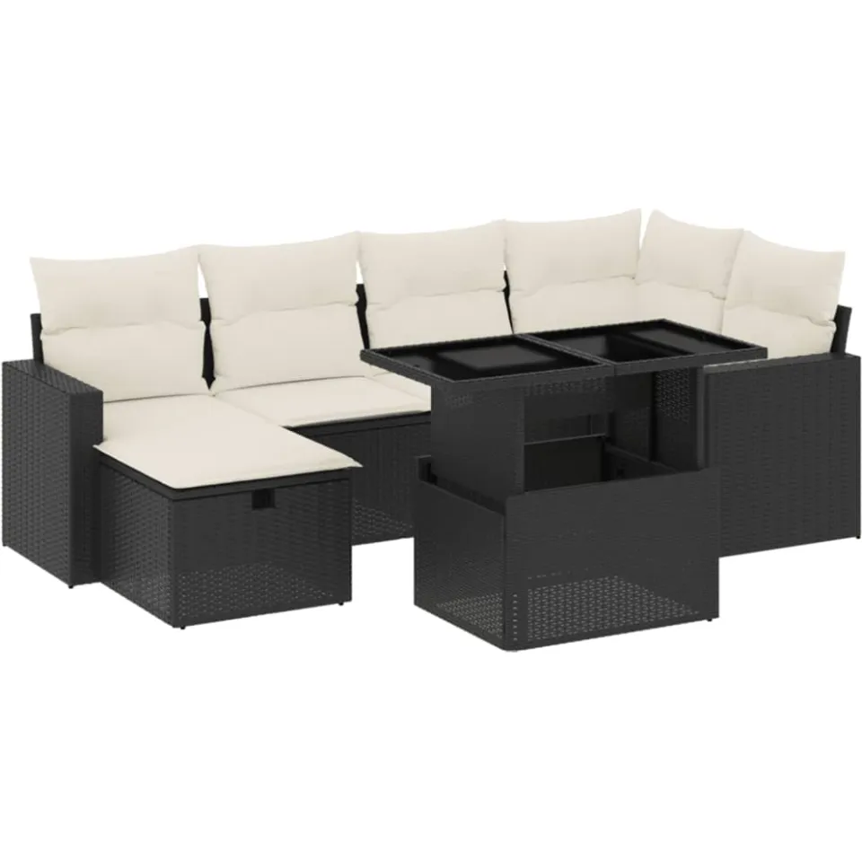 vidaXL 7-delige Loungeset met kussens poly rattan zwart, foto 3