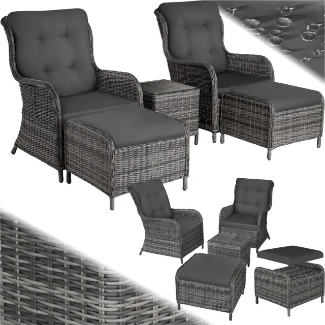 Tectake 2x premium wicker fauteuils met kruk en tafel - relaxfauteuil voor tuin - terras en balkon - lounge tuinmeubelset weerbestendig - variabel - tuinstoelen - div kleuren Grijs/Grijs