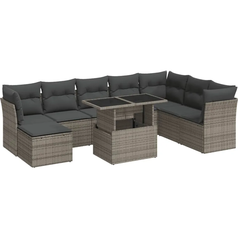 vidaXL 9-delige Loungeset met kussens poly rattan grijs, foto 3