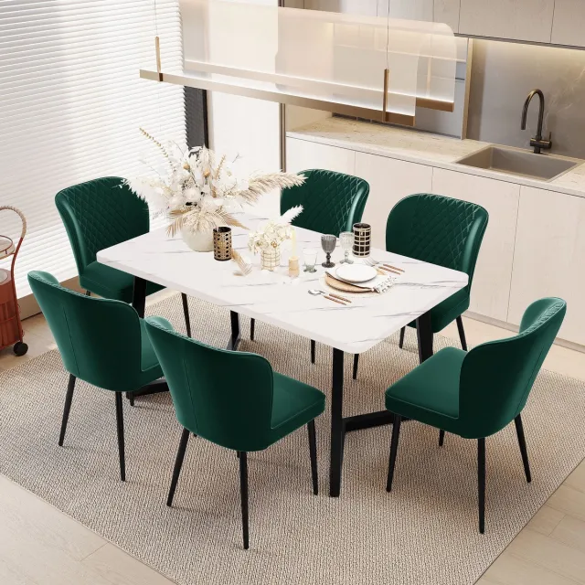 Welltin Eetkamerstoel Velvet Groen - Set van 6 - Gestoffeerde - Metalen Poten - Met rugleuning - Ergonomisch - Modern stijlvol design aan de eettafel Groente