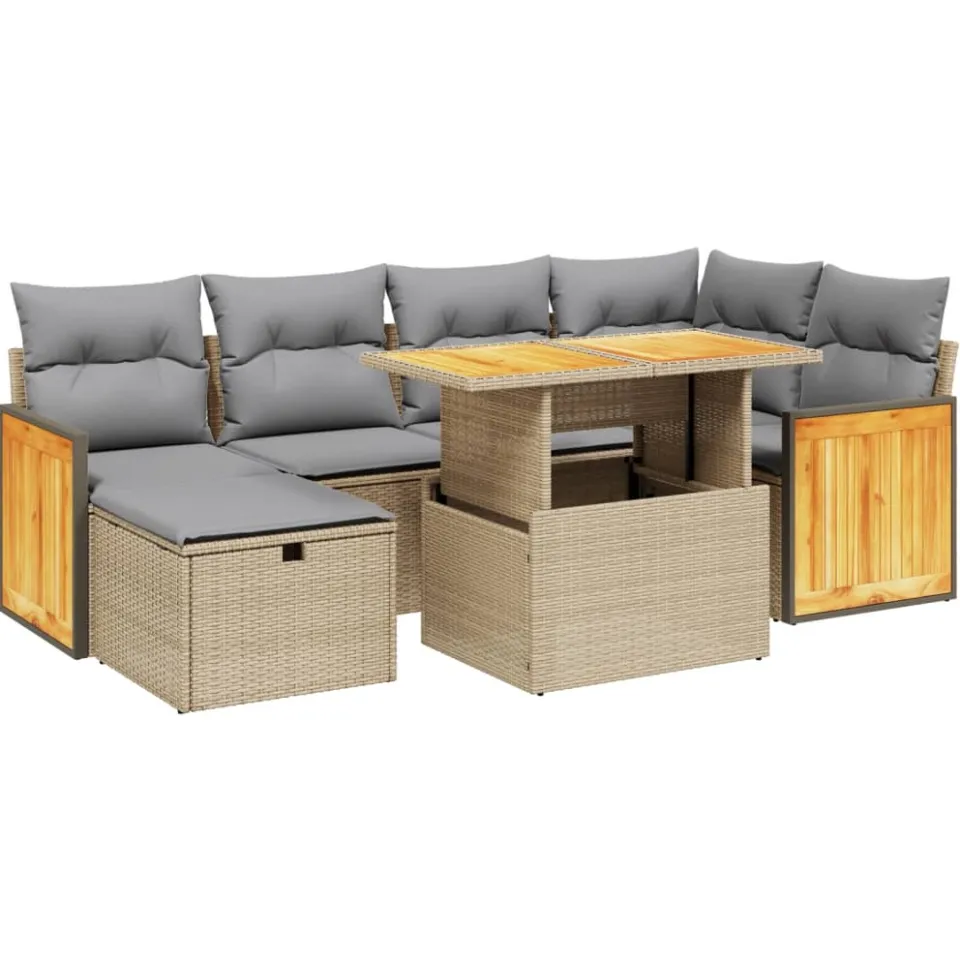 vidaXL 7-delige Loungeset met kussens poly rattan beige, foto 3