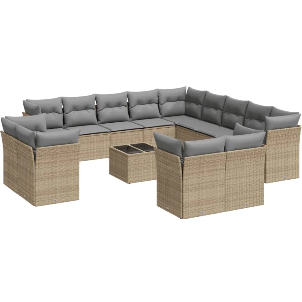 vidaXL 14-delige Loungeset met kussens poly rattan beige, foto 4
