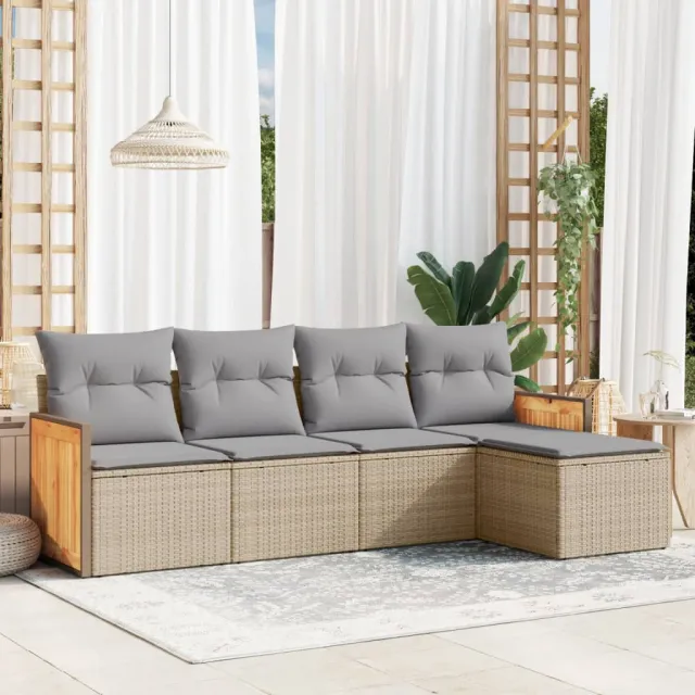 vidaXL 5-delige Loungeset met kussens poly rattan beige, foto 2