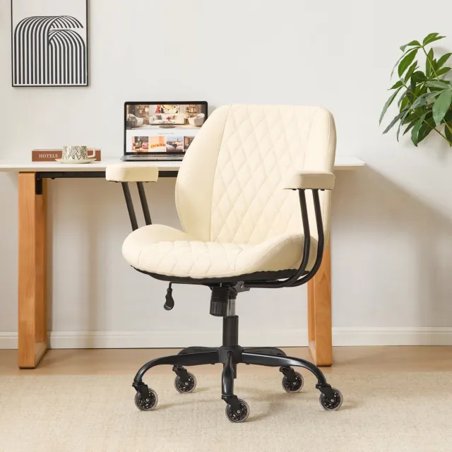 OKWISH Bureaustoel – Verstelbare Zithoogte En Rugleuning – Ergonomisch Met Wielen En Armleuningen – Voor Kantoor En Thuis – Leer – Wit