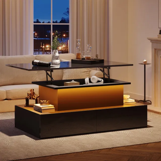 KOMHTOM Moderne zwarte hoogglans salontafel met ledverlichting en 4 lades – stijlvolle bijzettafel 90x55x41 cm met opbergruimte voor maximaal 30 kg