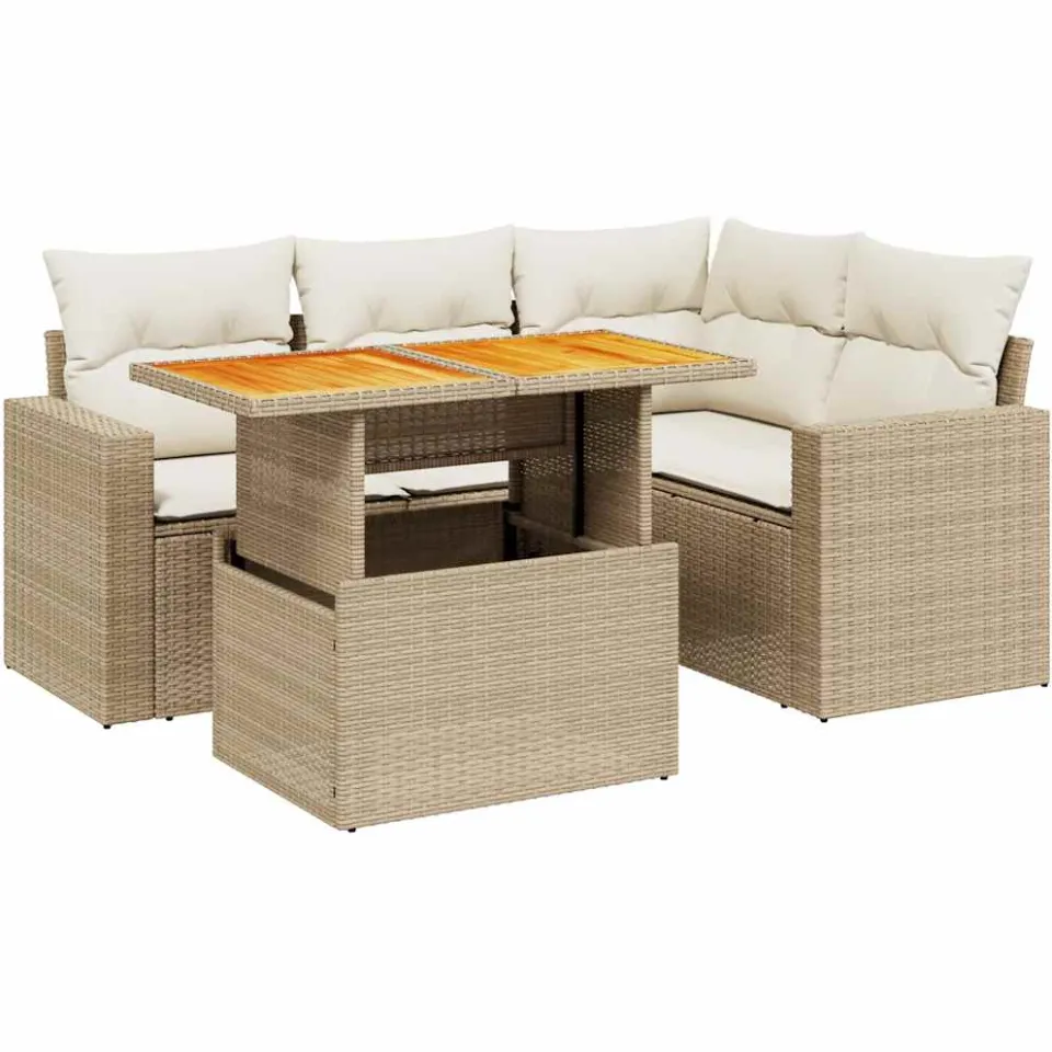 vidaXL 5-delige Loungeset met kussens poly rattan beige, foto 3